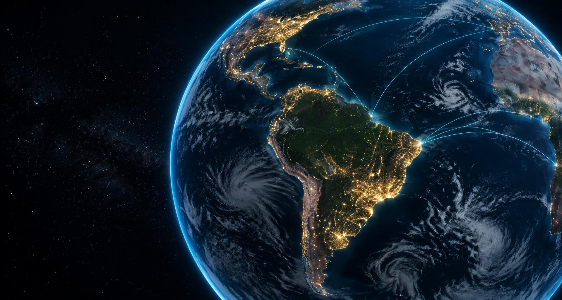 Planeta Terra visto do espaço, com o Brasil iluminado e conexões entre os continentes